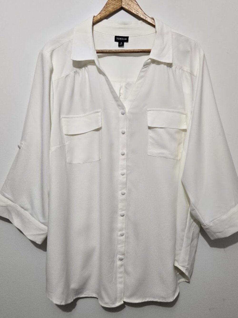 Torrid White Button Up Office Top Sz 3X Roll Tab Sleeve Pockets Neutral Workwear